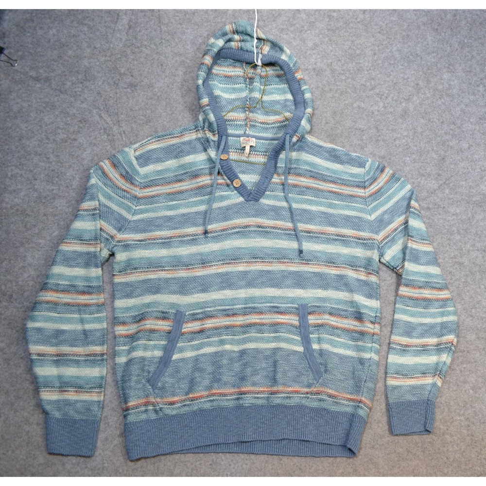 Faherty Sweater Mens L Blue Striped Hooded Henley Knit Sunset Star Serape Poncho